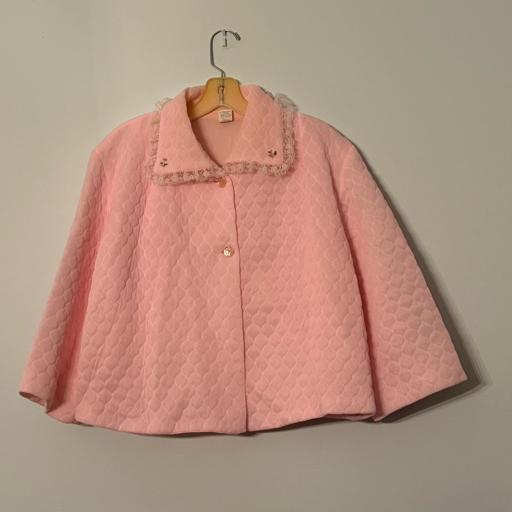 🌸 Vintage Sears Quilted Pink Bed Jacket | 1960s–70s Nylon Lace Sleepwear | Large